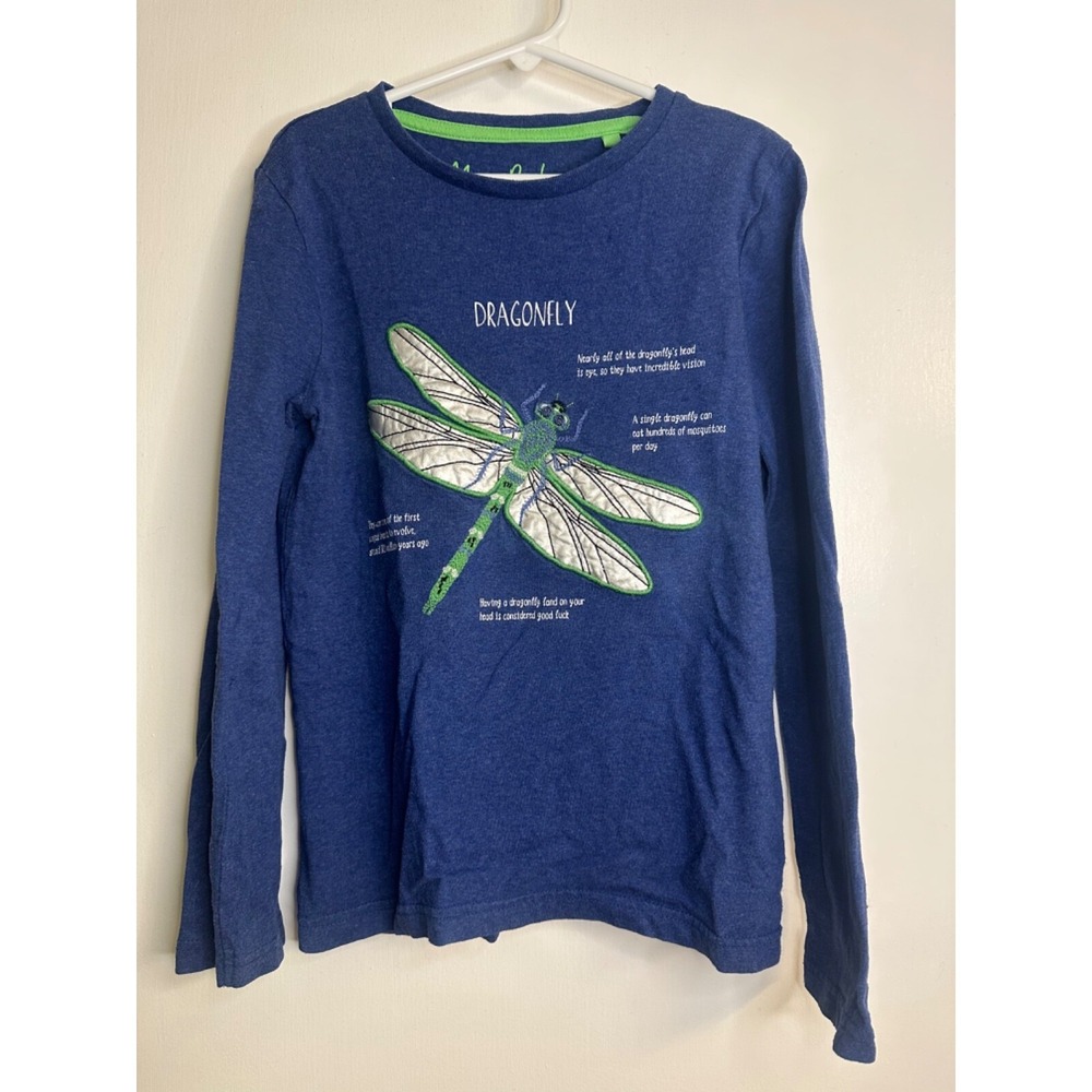 Mini Boden Size 8-9 Blue Dragonfly Facts Applique Long‎ Sleeve Shirt T-Shirt